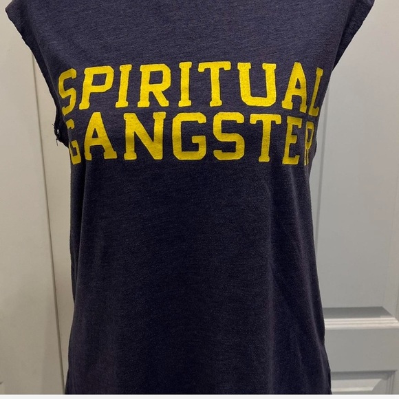 Spiritual Gangster Small muscle Tee Navy and Yellow Top - Picture 1 of 8